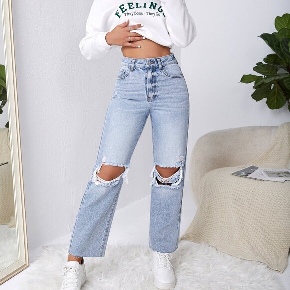 Light Wash Casual Women's distressed Ripped Raw Cut Straight Leg Jeans - Picture 2 of 5